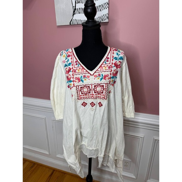 Johnny Was Embroidered Cotton Tunic Top Medium Pullover Embroidered 3/4 Sleeve - Picture 1 of 10